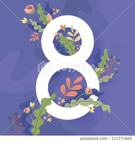 International Womens Day. March 8 banner with floral decor. Cut paper with a pattern of spring plants, leaves and flowers. Template for a poster, cards, banner Vector illustration 111771608