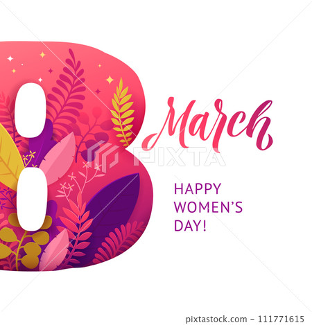 International Womens Day. March 8 banner with floral decor. Cut paper with a pattern of spring plants, leaves and flowers. Template for a poster, cards, banner Vector illustration International Womens Day. March 8 banner with floral decor. Cut paper with a pattern of spring plants, leaves and flowers. Template for a poster, cards, banner Vector illustration 111771615