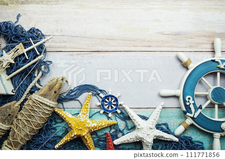 Nautical and summer background top view on wooden background 111771856