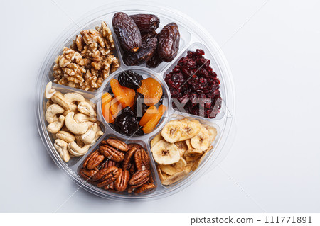 Dried fruits and nuts on a plate to celebrate the Jewish holiday Tu Bi Shvat. 111771891