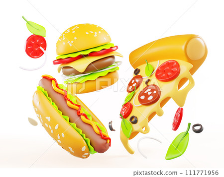 Fast food 3d background with burger, pizza slice and hot dog render icons. Fastfood restaurant meals, snacks with flying ingredients. Cartoon advertising banner, delivery concept. 3D illustration Fast food 3d background with burger, pizza slice and hot dog render icons. Fastfood restaurant meals, snacks with flying ingredients. Cartoon advertising banner, delivery concept. 3D illustration 111771956