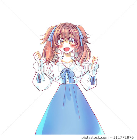 Woman in Lolita clothes speaking passionately, blue 111771976