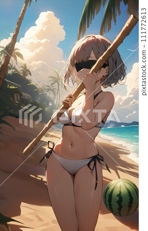[Summer Vacation] Illustration material of a girl trying to split watermelon on the beach (AI generated image) 111772613