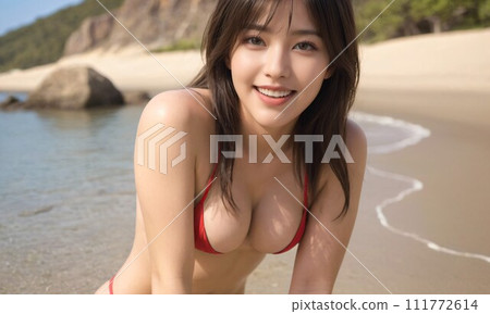 [人物]海灘和泳裝女人插畫素材（AI生成圖像） 111772614