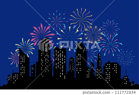 Fireworks displaying in dark evening sky and celebrating holiday against city buildings. Festival celebration, pyrotechnics show at night scene. Flat cartoon colorful vector illustration Fireworks displaying in dark evening sky and celebrating holiday against city buildings. Festival celebration, pyrotechnics show at night scene. Flat cartoon colorful vector illustration 111772834