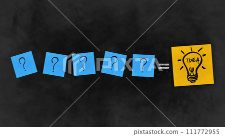 Questions and knowlage helps finding solutions and great ideas. Sticky notes with drawn doodles. 111772955