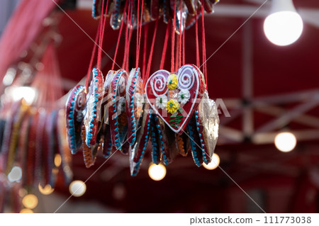 Heart shaped candy at the Christmas stand in the street Heart shaped candy at the Christmas stand in the street 111773038
