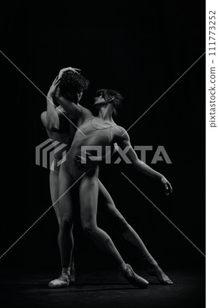 Elegant, tender young woman, ballerina dancing with handsome talented man, ballet dancers performing. Monochrome 111773252