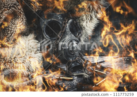 Military gas mask burning in flames. War and Apocalyptic concept illustration Military gas mask burning in flames. War and Apocalyptic concept illustration 111773259