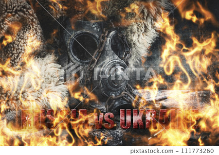 Russia against Ukraine. War concept with Military gas mask burning in flames. War and Apocalyptic concept illustration Russia against Ukraine. War concept with Military gas mask burning in flames. War and Apocalyptic concept illustration 111773260