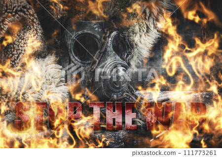 Stop the wa. Russia against Ukraine. War concept with Military gas mask burning in flames illustration 111773261