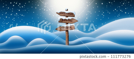 Wooden sign post in North Pole snow fields. Winter holidays. Merry Christmas and Happy new year 3D illustration 111773276