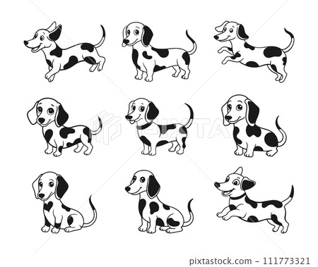 Set of various cute cartoon dachshund dogs. Dalmatian dogs on a white background. Vector illustration. 111773321