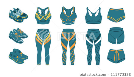 Running equipment for women, fitness set. Running accessories for women. Sportswear and sports shoes. Vector 111773328