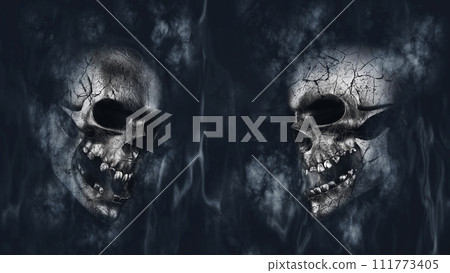 Human skulls all cracked and decayed burning with fire and smoke. Halloween, death, war, battle concept 3D illustration Human skulls all cracked and decayed burning with fire and smoke. Halloween, death, war, battle concept 3D illustration 111773405