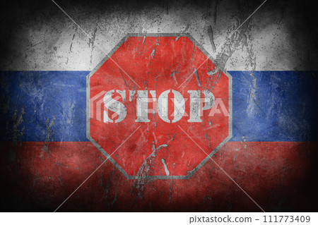 Russian flag with stop sign grunge look . Stop the war illustration Russian flag with stop sign grunge look . Stop the war illustration 111773409