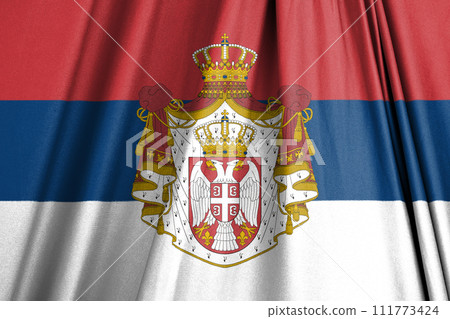Serbian flag with coat of arms waving in the wind 3D illustration 111773424