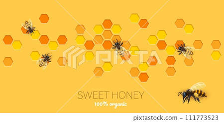 Honeycomb paper cut banner with bees and honey, vector background. Beekeeping honey product package or farm food label for 100 percent organic natural honey and realistic bees on honeycomb 111773523