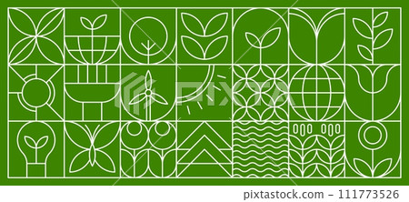 Agriculture abstract modern line geometric pattern. Vector eco farming and green energy background with linear plants, sprouts and leaves, water waves, flowers, light bulb and sun, windmill or tree 111773526