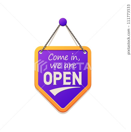 Open board sign, shop notice signboard for store door, vector hanging banner on pin. Modern or retro vintage sign with Come In We Are Open welcome text, shop signboard with purple background in frame Open board sign, shop notice signboard for store door, vector hanging banner on pin. Modern or retro vintage sign with Come In We Are Open welcome text, shop signboard with purple background in frame 111773533