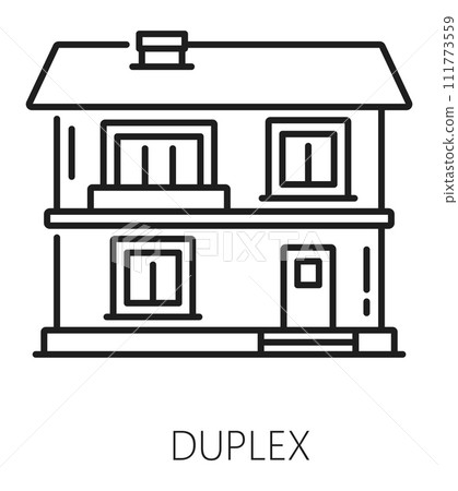 Real estate icon. Duplex house line pictogram. Suburb real estate rent service or company outline vector icon or symbol, home sale monochrome thin line sign with two-storey cottage house 111773559
