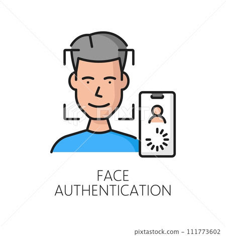 Face authentication icon of biometric identification and identity verification, line vector. Mobile phone facial ID or face identification scan for security check or personal access authentication 111773602