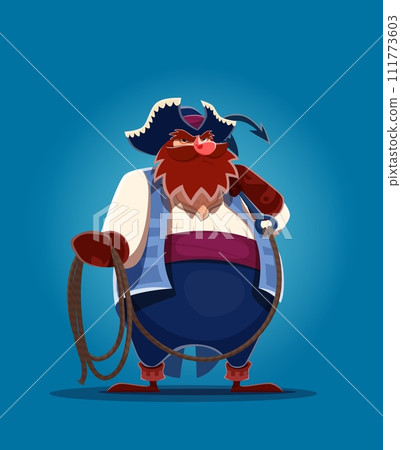 Cartoon fat pirate, corsair sailor character with grappling hook and rope. Piracy vector personage of funny red bearded pirate or buccaneer with big belly in sea robber costume and tricorn hat Cartoon fat pirate, corsair sailor character with grappling hook and rope. Piracy vector personage of funny red bearded pirate or buccaneer with big belly in sea robber costume and tricorn hat 111773603