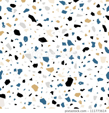 Terrazzo black, blue and golden marble stone floor vector texture or terazzo ceramic tile pattern. Terrazo mosaic pattern background of color ceramic pieces or marble broken stones for floor interior 111773614