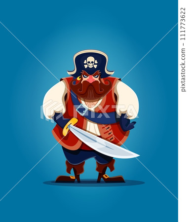 Cartoon pirate captain corsair sailor character with long sword, black tricorn hat and gloves. Vector personage of sea robber captain, funny pirate with red beard and mustache, gold earring and saber 111773622