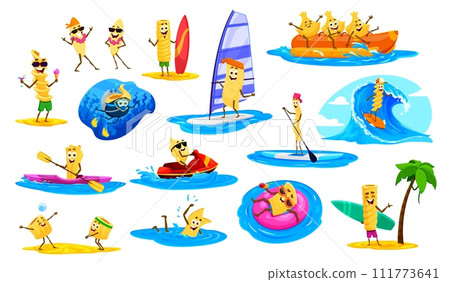 Italian pasta characters on summer beach vacation and outdoor activity, cartoon vector. Penne swimming in sea, spaghetti or tagliatelle with surfboard, funny tortellini and cannelloni in scuba diving 111773641