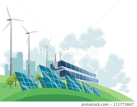 Clean electric energy concept. Renewable electricity resource from solar panels and wind turbines. Ecological change of the future. City skyline and nature landscape on background Clean electric energy concept. Renewable electricity resource from solar panels and wind turbines. Ecological change of the future. City skyline and nature landscape on background 111773667