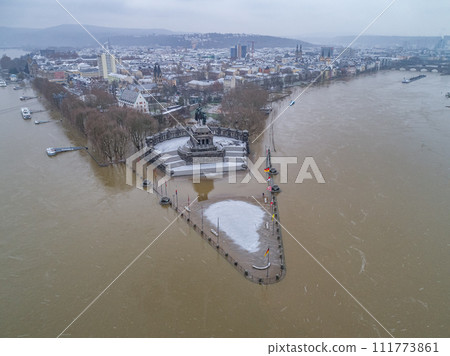 Flooding high water Koblenz Germany historic monument German Corner winter where rivers rhine and mosele flow together 111773861