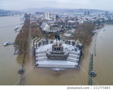 Flooding high water Koblenz Germany historic monument German Corner winter where rivers rhine and mosele flow together 111773865