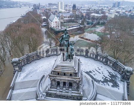 Flooding high water Koblenz Germany historic monument German Corner winter where rivers rhine and mosele flow together 111773866