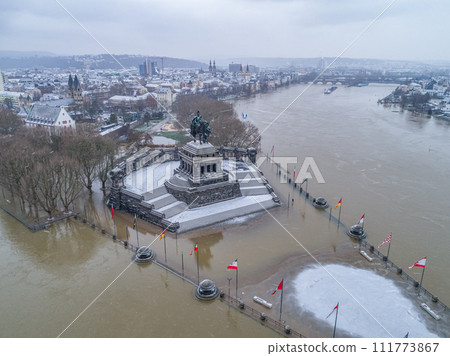Flooding high water Koblenz Germany historic monument German Corner winter where rivers rhine and mosele flow together Flooding high water Koblenz Germany historic monument German Corner winter where rivers rhine and mosele flow together 111773867
