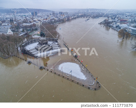 Flooding high water Koblenz Germany historic monument German Corner winter where rivers rhine and mosele flow together Flooding high water Koblenz Germany historic monument German Corner winter where rivers rhine and mosele flow together 111773870