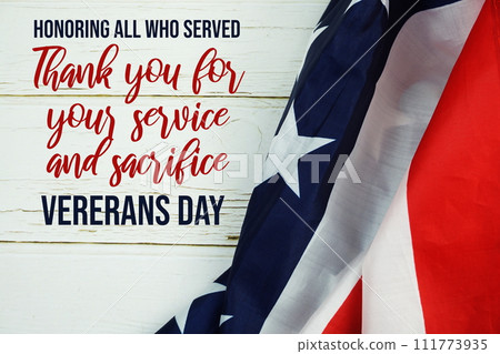 Thank You for Your Service  text message with USA flag on wooden background 111773935