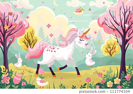 majestic unicorn prancing through a mystical Easter forest, its horn adorned with ribbons and flowers, as Easter bunnies and chicks frolic nearby 111774104