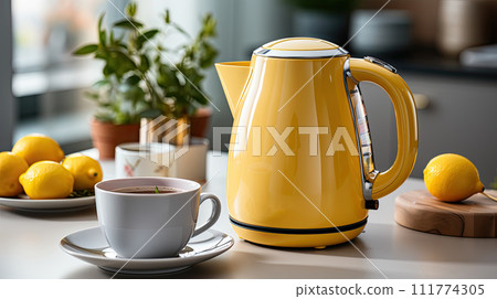 AI-generated content. Yellow Electric kettle and mugs with poured tea stand on a modern wooden table in a cozy room. Household appliances for making hot drinks. AI generative 111774305