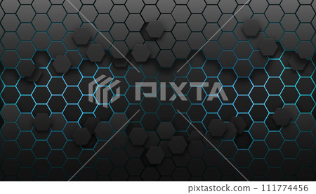 Hexagonal dark grey grid with blue light. Copy space, add text or logo. Modern ,futuristic, cyber background illustration 111774456