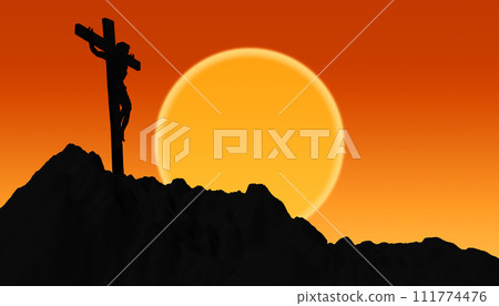 Jesus Christ crucified on the cross at Calvary hill illustration 111774476