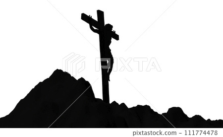 Jesus Christ crucified on the cross at Calvary hill silhouette illustration 111774478