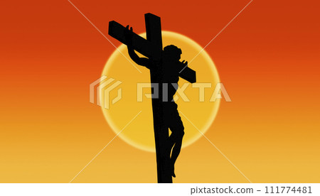 Jesus Christ crucified on the cross at Calvary hill illustration 111774481