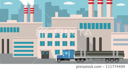Industrial factory and long truck with metal pipes. 111774499