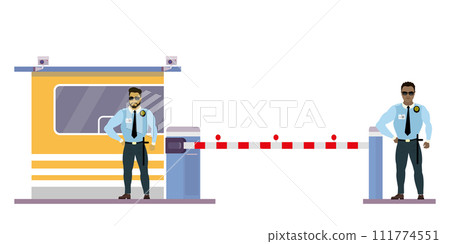 uniformed officer or protective agent near security cabin and gate uniformed officer or protective agent near security cabin and gate 111774551