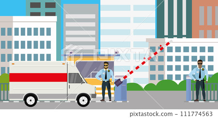 Two Male security guards at toll booth Two Male security guards at toll booth 111774563