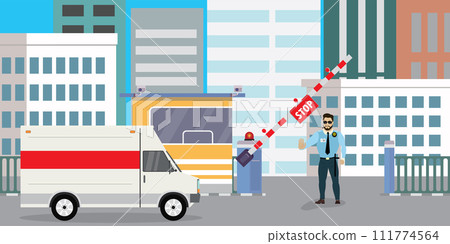 raised barrier with stop sign and delivery truck raised barrier with stop sign and delivery truck 111774564