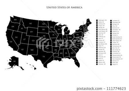United States of America map silhouette with states and borders illustration United States of America map silhouette with states and borders illustration 111774623