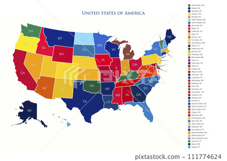 United States of America colorful map with states and borders illustration United States of America colorful map with states and borders illustration 111774624