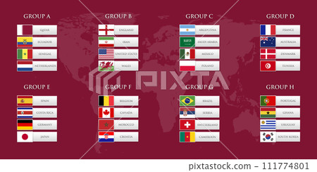 Qatar football world cup groups. Flags of qualified countries illustration 111774801
